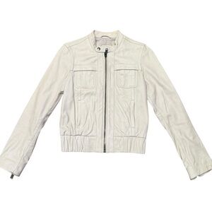 GAP Off White Leather Jacket Bomber Button Collar High Neck Military y2k vintage